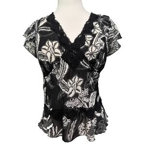 Robbie Bee‎ Floral Lace Trim Blouse Womens Size M Black White Y2K Whimsygoth Top